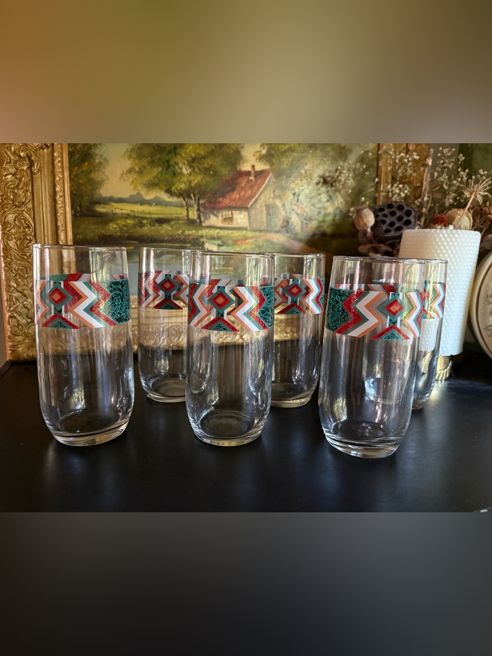 VTG Set of 6 Anchor Hocking Tall Glasses in Gibson “Mojave” Southwestern Pattern